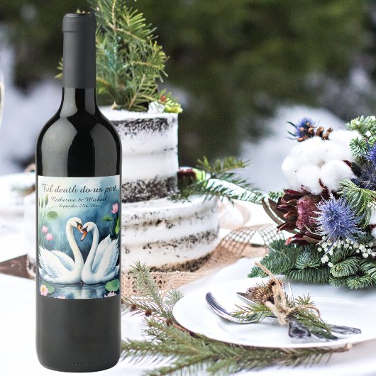 Zwanen in liefde Waterverf Lotus Lake bruiloft Wijn Etiket