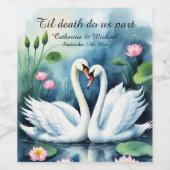 Zwanen in liefde Waterverf Lotus Lake bruiloft Wijn Etiket (Enkel label)