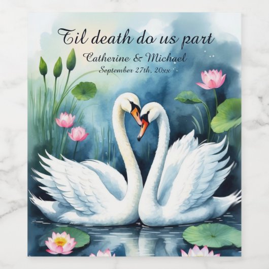 Zwanen in liefde Waterverf Lotus Lake bruiloft Wijn Etiket (Enkel label)
