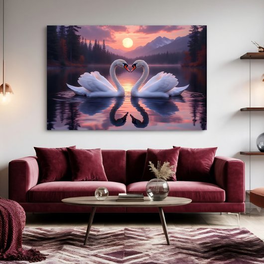 Zwanen onder de maan van de liefde canvas afdruk
