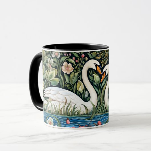 Zwanen op vijver William Morris Stijl Schilderkuns Mok (Voorkant links)