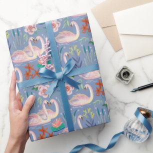 Zwanen Vogels Bloem Botanisch Blauw Patroon Cadeaupapier