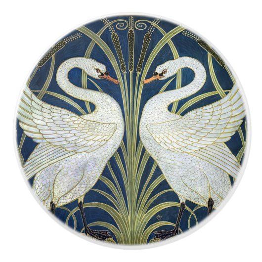 Zwanen Walter Crane Blue Art Nouveau Keramische Knop (Voorkant)
