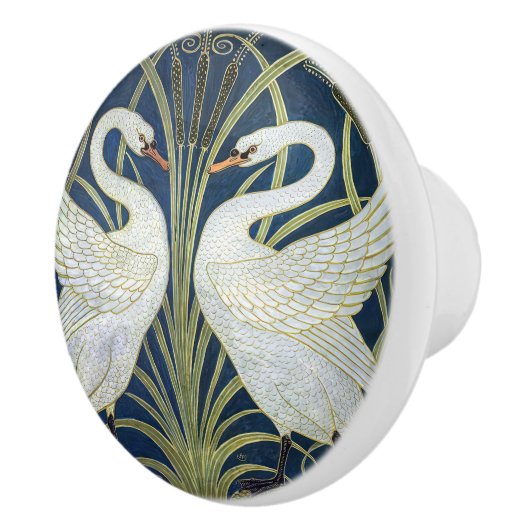 Zwanen Walter Crane Blue Art Nouveau Keramische Knop (Rechts)