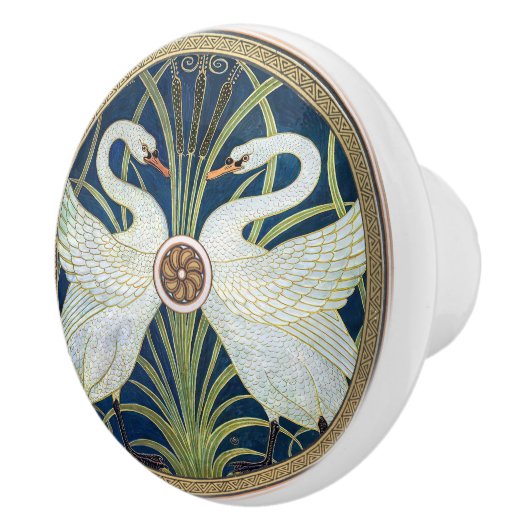 Zwanen Walter Crane Goudblauw Art Nouveau Keramische Knop (Rechts)