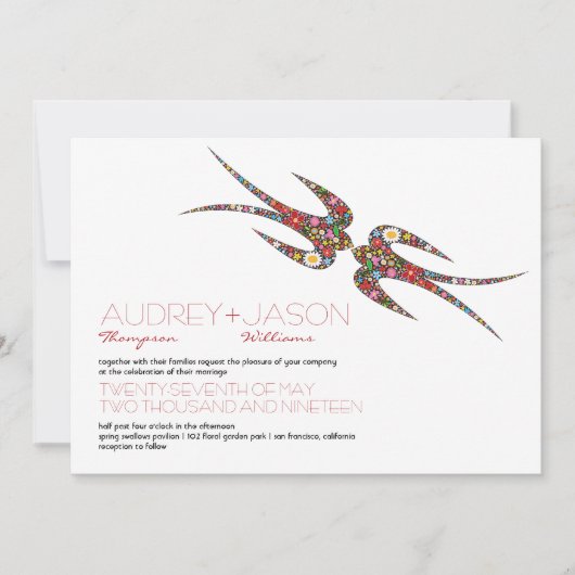 Zwanen zogen en kleurrijke lentbloemen bruiloft kaart (Voorkant)