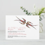 Zwanen zogen en kleurrijke lentbloemen bruiloft kaart (Staand voorkant)