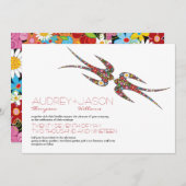 Zwanen zogen en kleurrijke lentbloemen bruiloft kaart (Voorkant / Achterkant)