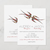 Zwanen zogen en kleurrijke lentbloemen bruiloft kaart (Voorkant / Achterkant)