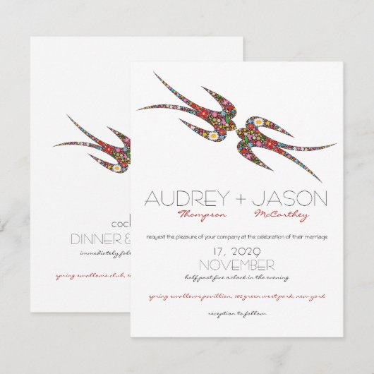 Zwanen zogen en kleurrijke lentbloemen bruiloft kaart (Voorkant / Achterkant)