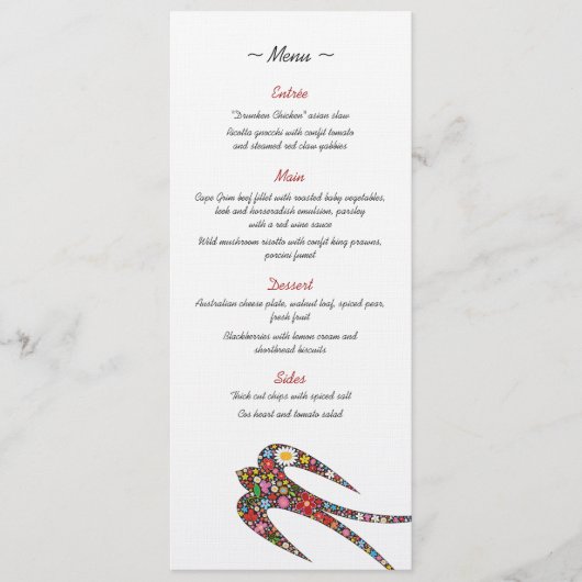 Zwanen zogen en kleurrijke lentbloemen bruiloft menu (Voorkant)