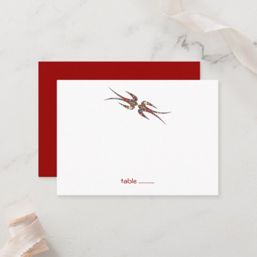 Zwanen zogen en kleurrijke lentbloemen bruiloft plaatskaartje (Voorkant / Achterkant in situ)