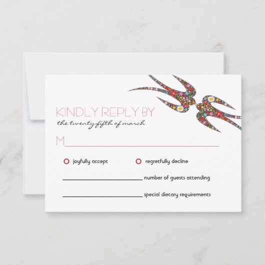 Zwanen zogen en kleurrijke lentbloemen bruiloft RSVP kaartje (Voorkant)