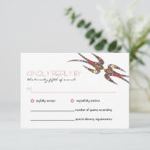 Zwanen zogen en kleurrijke lentbloemen bruiloft RSVP kaartje (Staand voorkant)