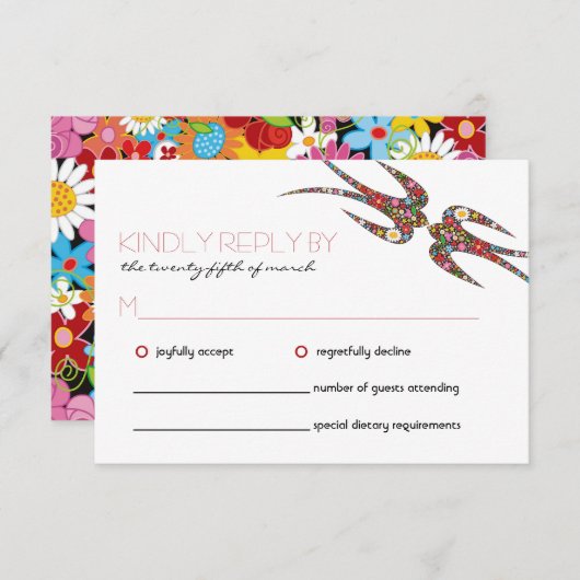 Zwanen zogen en kleurrijke lentbloemen bruiloft RSVP kaartje (Voorkant / Achterkant)