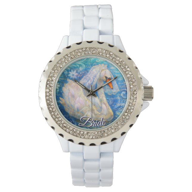 Zwanenbruid w / sluier op Water Blauw Wit Geperson Horloge (Voorkant)