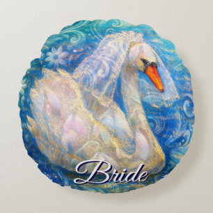 Zwanenbruid w / sluier op Water Blauw Wit Geperson Rond Kussen