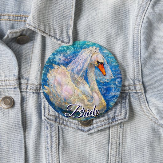 Zwanenbruid w / sluier op Water Blauw Wit Geperson Ronde Button 4,0 Cm (In situ)