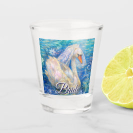Zwanenbruid w / sluier op Water Blauw Wit Geperson Shot Glas