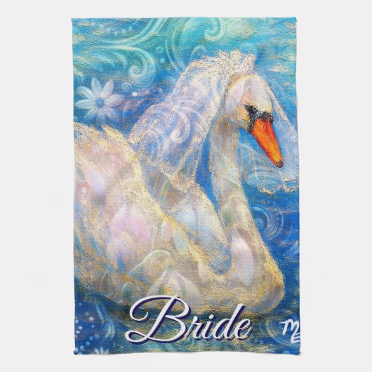 Zwanenbruid w / sluier op Water Blauw Wit Geperson Theedoek (Verticaal)