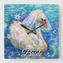 Zwanenbruid w / sluier op Water Blauw Wit Geperson Vierkante Klok