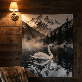 Zwanenmeer Berg | Zwart en wit inktkunst Wandkleed