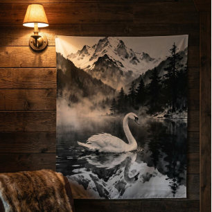 Zwanenmeer Berg   Zwart en wit inktkunst Wandkleed