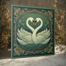 Zwanenpaar Art Nouveau bosgroen wandaccent