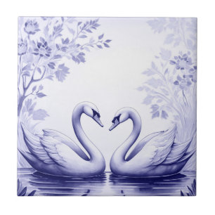 Zwanenpaar Delfts Blauw en Wit Zwaanmeervogel Tegeltje