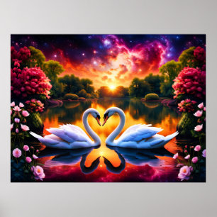 Zwanenpaar valentijnshart onder een sterrenstelsel poster