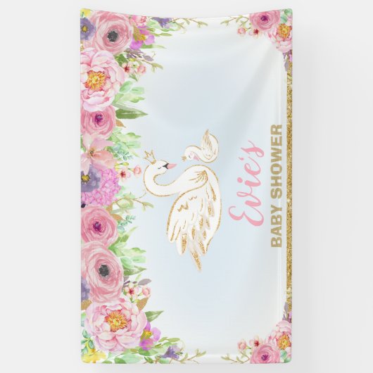 Zwanenprinses Baby shower Bloemen Achtergrond Deco Spandoek (Verticaal)