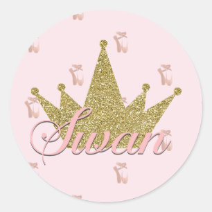 Zwanenprinses Gouden Glitter Kroon Verjaardagsfees Ronde Sticker