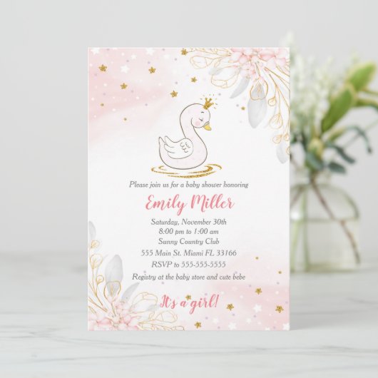 Zwanenprinses gouden roze baby shower uitnodiging (Staand voorkant)