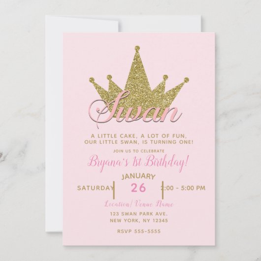 Zwanenprinses Roze & Gouden Glitter Kroonverjaarda Kaart (Voorkant)