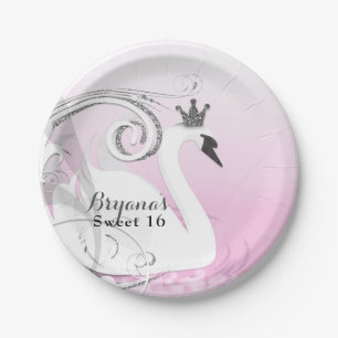 Zwanenprinses Zilver Wit Roze Baby Shower Papieren Bordje