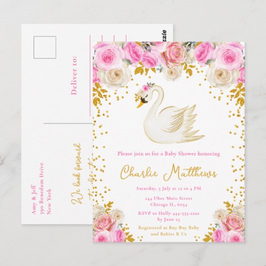 Zwanenroze en gouden Rozen Baby shower Briefkaart (Voorkant / Achterkant)