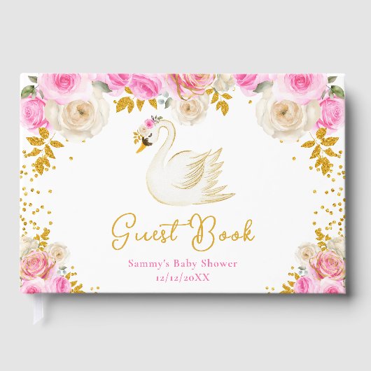 Zwanenroze en gouden Rozen Baby shower Gastenboek (Voorkant)