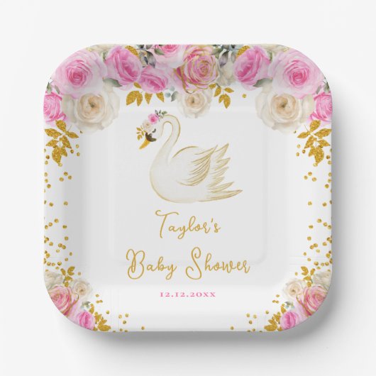 Zwanenroze en gouden Rozen Baby shower Papieren Bordje (Voorkant)
