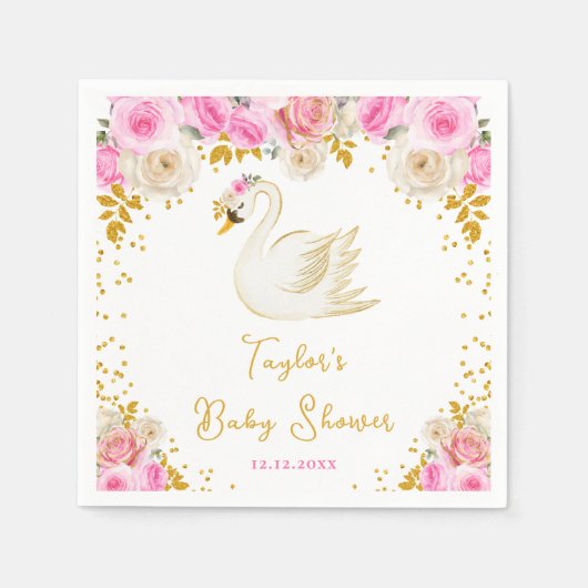 Zwanenroze en gouden Rozen Baby shower Servet (Voorkant)