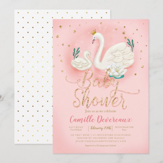 Zwanenvijver Goud Glitter Roze Baby Shower Kaart (Voorkant / Achterkant)