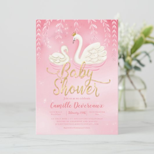Zwanenvijver Goud Roze Baby shower Kaart (Staand voorkant)