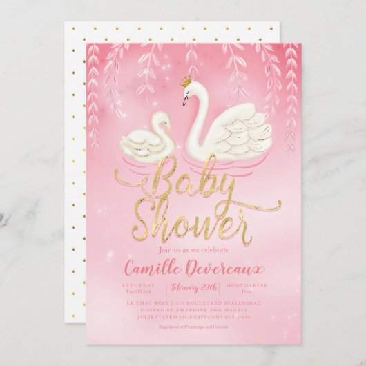 Zwanenvijver Goud Roze Baby shower Kaart (Voorkant / Achterkant)