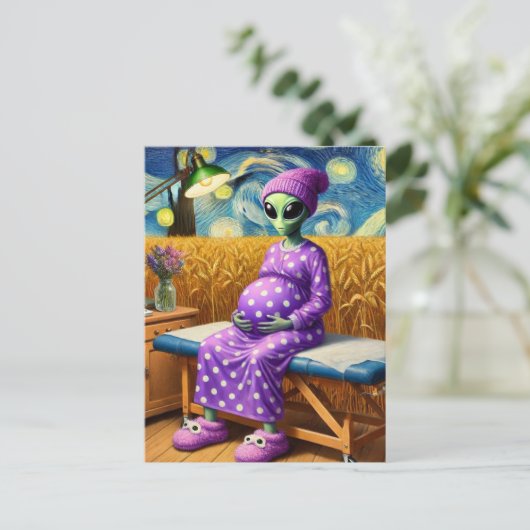 Zwanger Alien in een Polka Dot Jurk in Tarweveld Briefkaart (Staand voorkant)