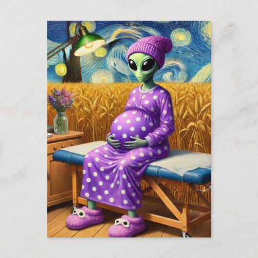Zwanger Alien in een Polka Dot Jurk in Tarweveld Briefkaart (Voorkant)