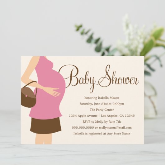 Zwanger buik - Roze | Baby shower uitnodigen Kaart (Staand voorkant)