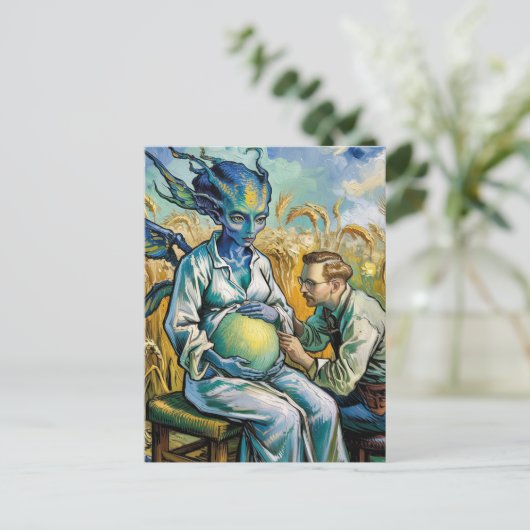 Zwanger buitenaards doktersbezoek in tarweveld briefkaart (Staand voorkant)