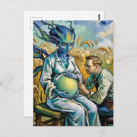 Zwanger buitenaards doktersbezoek in tarweveld briefkaart (Voorkant / Achterkant)