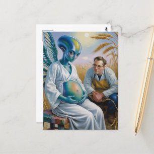 Zwanger buitenaards wezen met vleugels in tarwevel briefkaart