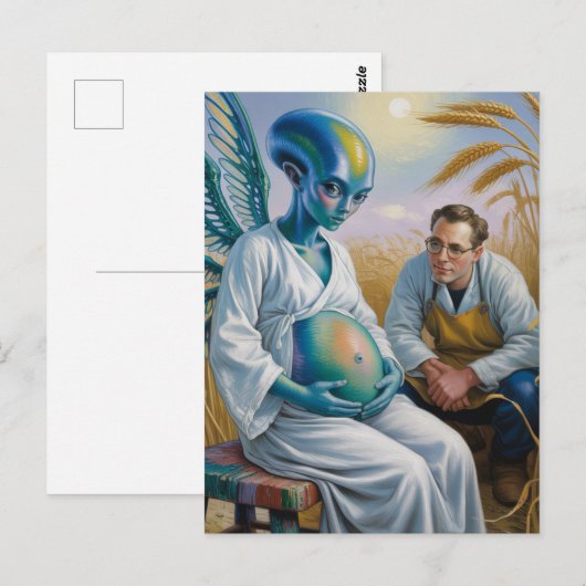 Zwanger buitenaards wezen met vleugels in tarwevel briefkaart (Voorkant / Achterkant)