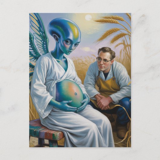 Zwanger buitenaards wezen met vleugels in tarwevel briefkaart (Voorkant)
